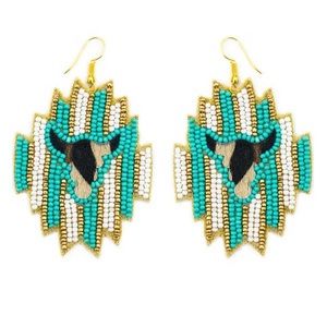 Wild West longhorn turquoise striped seed bead earrings